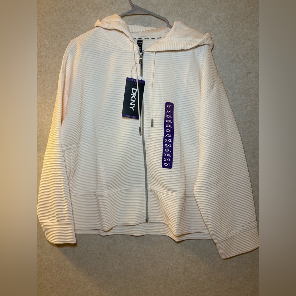 DKNY Women's Tech Ottoman Cream Ribbed Zip Up Jacket Hoodie,Size XXL,NWT